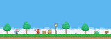8bit colorful simple vector pixel art horizontal illustration of cartoon Hero Knight Templar and demon bet in retro video game platformer level style