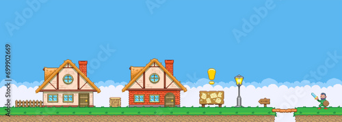 8bit colorful simple vector pixel art horizontal illustration of cartoon hero with sword and shield approaches the quest village in retro video game 