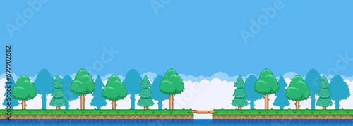 8bit colorful simple vector pixel art horizontal illustration of cartoon bridge over water in the woods in retro video game platformer level style