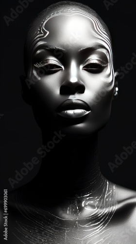 Black and white photo of a young black African woman  in professional makeup  transcendent  high contrast  white background  beautiful facial sculpt  beautiful bone structure with generative ai