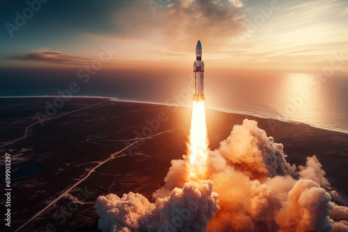 Aerial view of rocket launch at sunrise over ocean coast photo