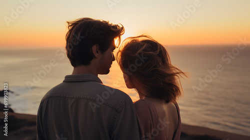 young couple in love on a beautiful sunset on the beach