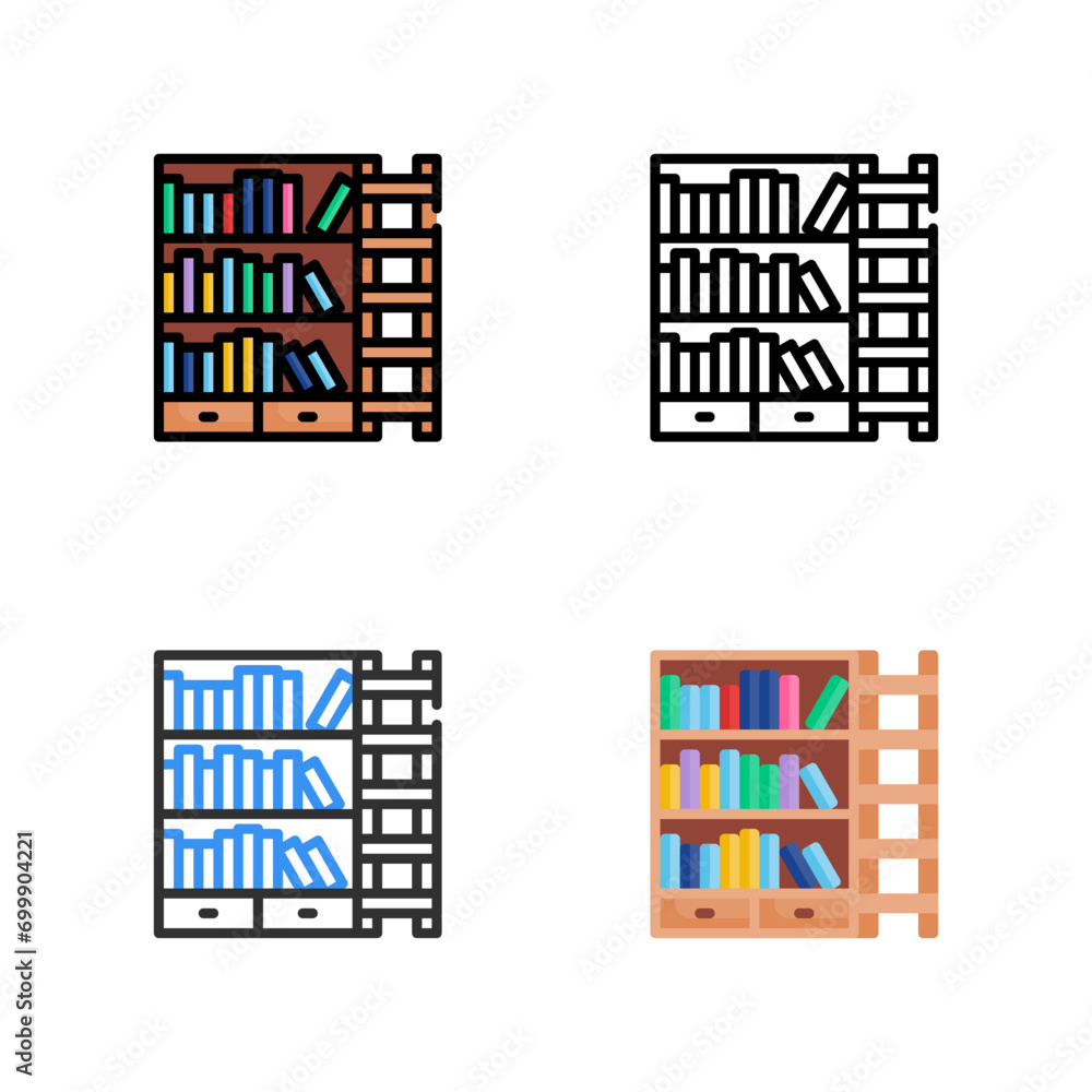 bookshelf icon in four different styles for education, library, literacy and education.