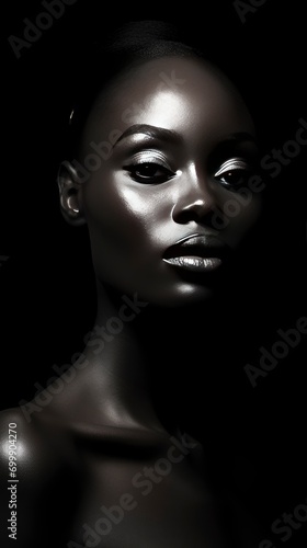 Black and white photo of a young black African woman  in professional makeup  transcendent  high contrast  white background  beautiful facial sculpt  beautiful bone structure with generative ai