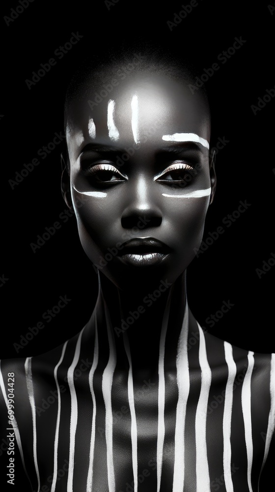 Black and white photo of a young black African woman, in professional makeup, transcendent, high contrast, white background, beautiful facial sculpt, beautiful bone structure with generative ai Black and white photo of a young black African woman, in professional makeup, transcendent, high contrast, white background, beautiful facial sculpt, beautiful bone structure with generative ai