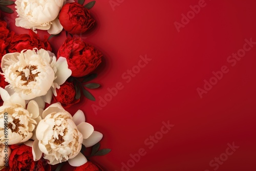 Frame with red and white peonies on burgundy background. Greeting card template for wedding, mother's or woman's day. Springtime composition with copy space. Flat lay, top view