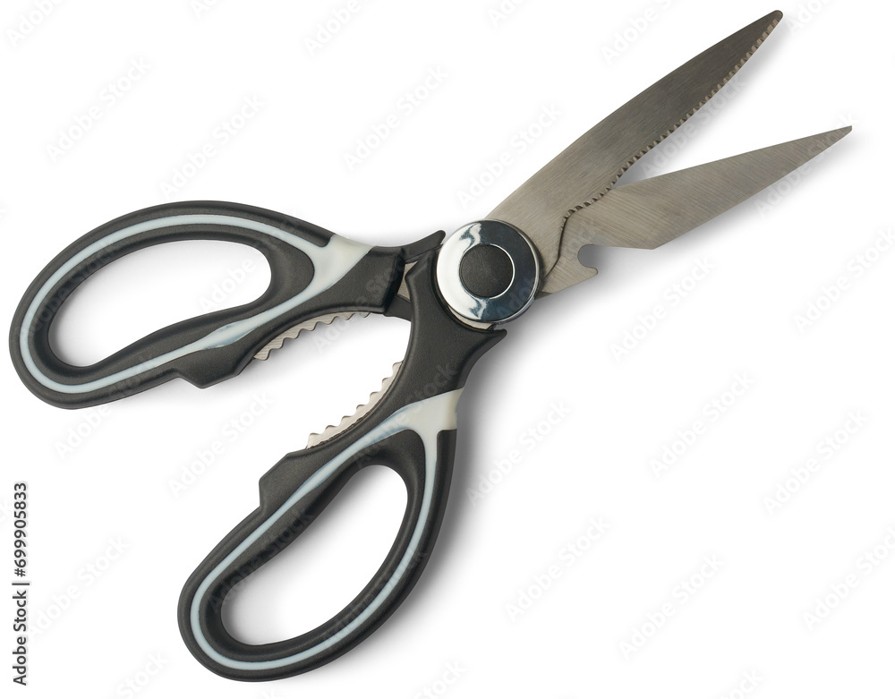 pair of kitchen scissors or shears with bottle opener and nutcracker, designed for cutting and trimming various food items, all-in-one tool for kitchen needs isolated on white background pair of kitchen scissors or shears with bottle opener and nutcracker, designed for cutting and trimming various food items, all-in-one tool for kitchen needs isolated on white background