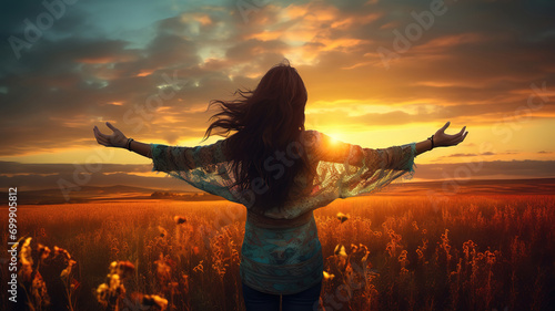 Silhouette of woman stand and feel happy on the most hight at the mountain on sunset photo