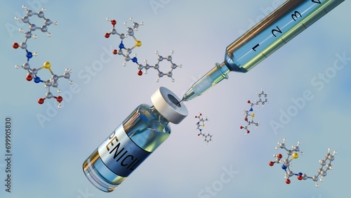 3D rendering of penicillin G or Benzilpenisilin molecules with medical syringe and injectable drug photo