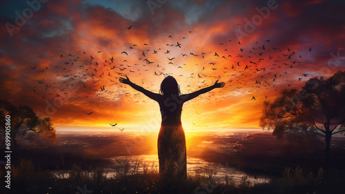 Happy woman standing with her back on sunset in nature iwith open hands photo