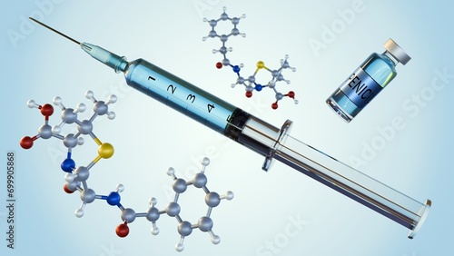 3D rendering of penicillin G or Benzilpenisilin molecules with medical syringe and injectable drug photo