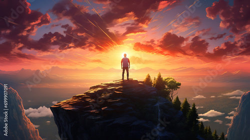 A person standing on top of a mountain at sunset. Generative Ai