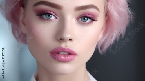 Fashion editorial Concept. Closeup portrait of stunning pretty woman with chiseled features, pink makeup photo