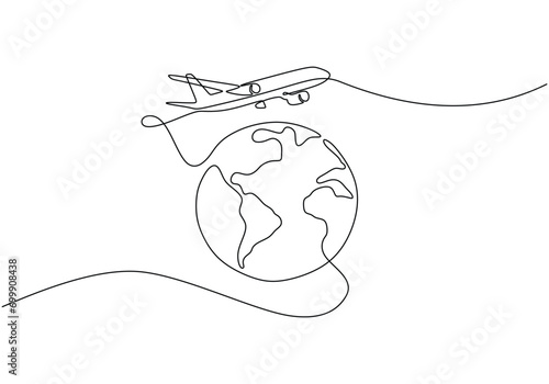 Travel continuous one line drawing. Earth globe with plane