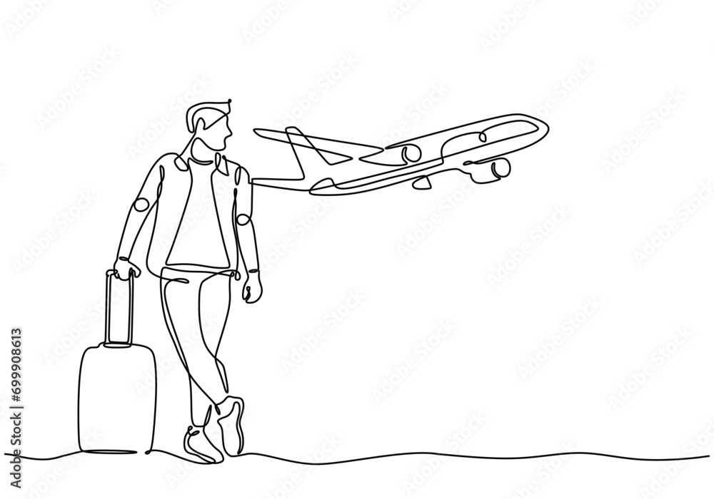 Continuous line drawing traveling. A man standing with suitcase and flying airplane
