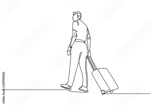 One line drawing travel man. Person with suitcase walking