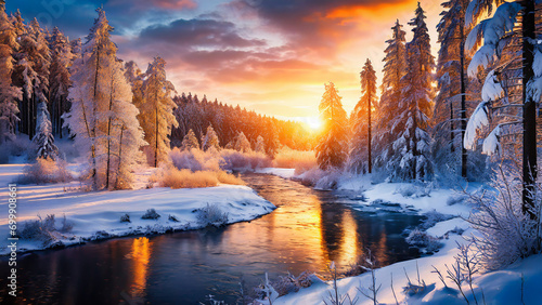 Winter forest with a river at sunset.