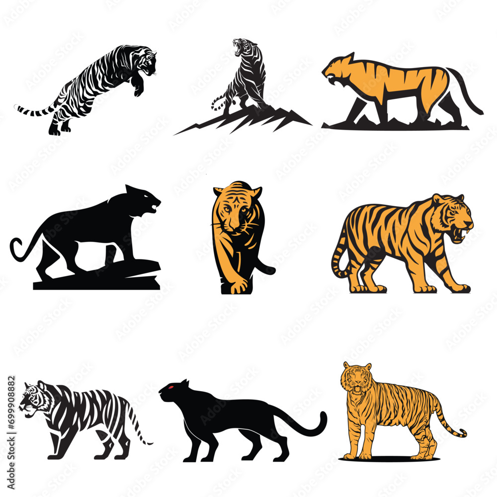 Obraz premium set of tiger vector element design, africa, african, america, animal, asia, black, cat, drawing, illustration, design, graphic, lion, mammal, nature, panther, predator, print, safari, set, sketch