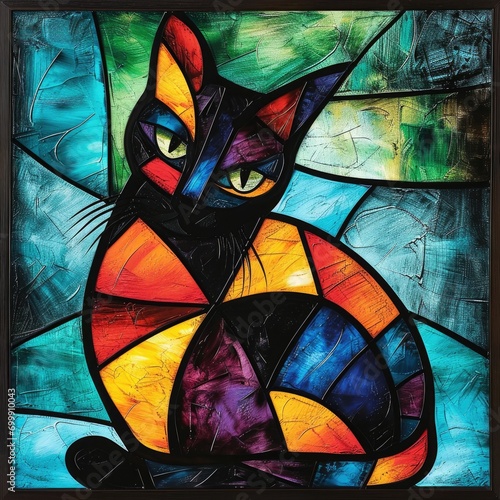 Stained glass art depicting a beautiful cat.
