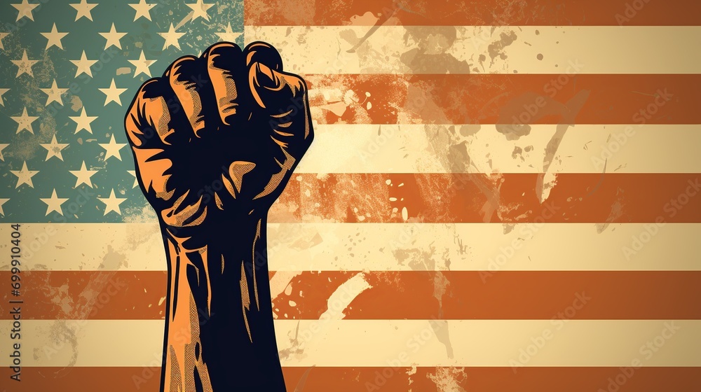 closeup on the fist of a black man raised, USA flag grunge style background, 60s protest illustration, Martin Luther king’s day, Juneteenth or black history month concept - obrazy, fototapety, plakaty 