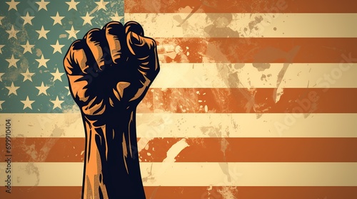 closeup on the fist of a black man raised, USA flag grunge style background, 60s protest illustration, Martin Luther king’s day, Juneteenth or black history month concept