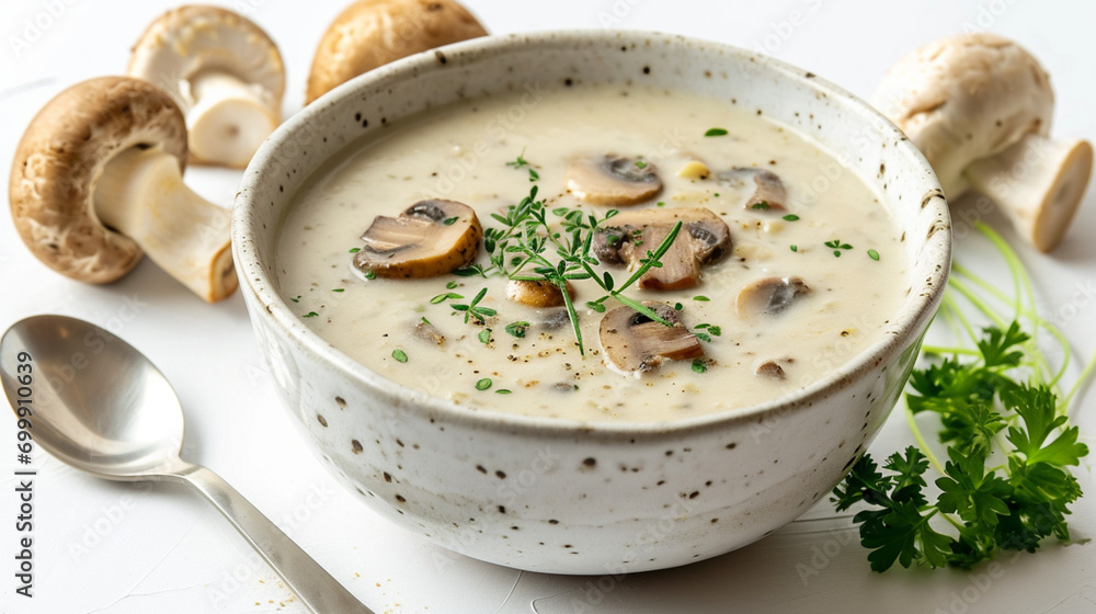 Front view fresh cream mushroom soup with white background and warm light for product presentation. Created using generative AI. Front view fresh cream mushroom soup with white background and warm light for product presentation. Created using generative AI.