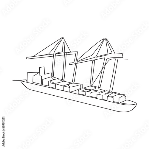One continuous line drawing of a cargo ship is preparing to unload its cargo at the port vector illustration. Sea transportation design concept. Sea transportation design suitable for your asset.