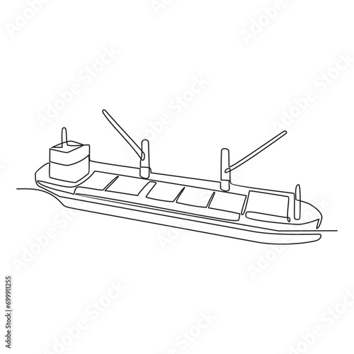 One continuous line drawing of a cargo ship is preparing to unload its cargo at the port vector illustration. Sea transportation design concept. Sea transportation design suitable for your asset.