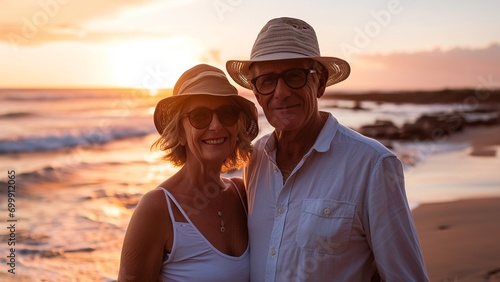 happy middle age couple walking at the beach during the summer