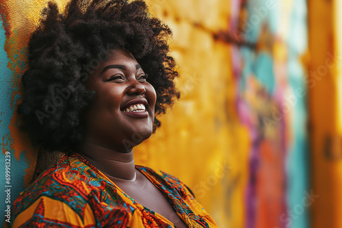 Joyful plus-sized black woman with a vibrant afro smiling in bright clothing against a pastel background; ideal for themes of diversity and body positivity.