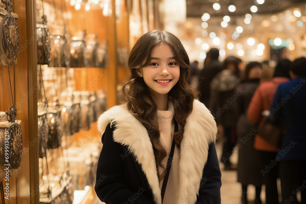 Adorable Chinese girl with New Year Gifts in supermarket, Chinese Tradition Celebration