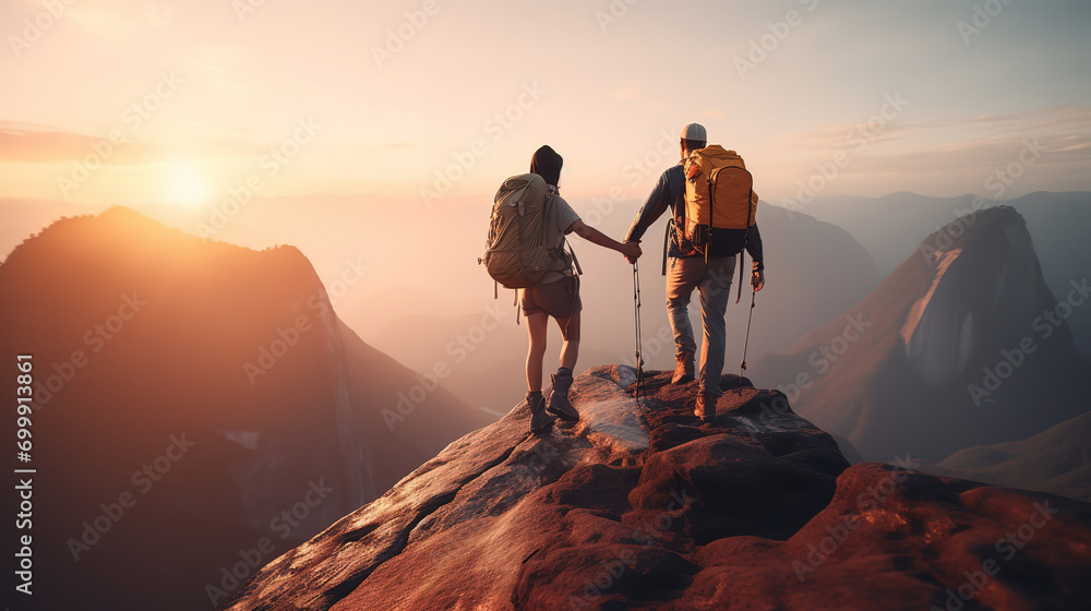 Hiker helping friend up a mountain at sunrise. People helping each other