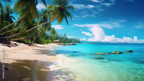 Beautiful beach at Seychelles  nature and travel background  sand  palm tree