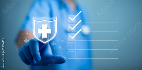 Fotografía Medical worker touch plus icon for medical and health care concept, Access to welfare health, People with health care, Health insurance, Family life insurance, Medical care insurance