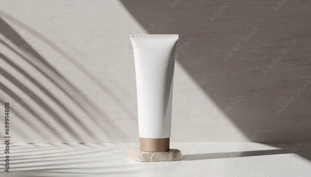 Mockup of Cosmetic Tube in Natural Sunlight on a Simple White Background Mockup of Cosmetic Tube in Natural Sunlight on a Simple White Background