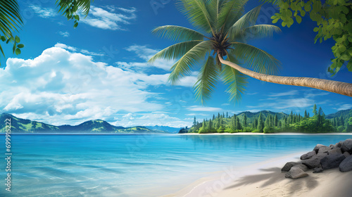 Beach with swaying palm trees and crystal-clear blue waters. Generative Ai