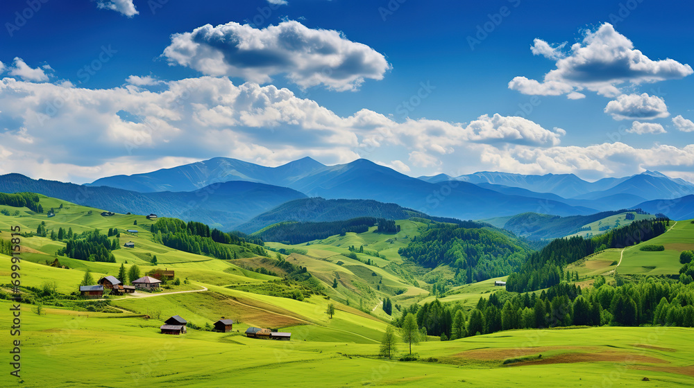 Panorama of beautiful countryside of romania, sunny afternoon, wonderful springtime