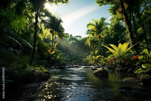 Exotic and beautiful natural scenery of water flowing in a dense forest