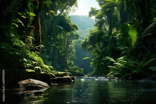 Exotic and beautiful natural scenery of water flowing in a dense forest
