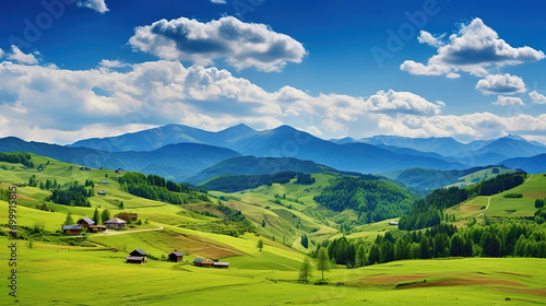 Panorama of beautiful countryside of romania, sunny afternoon, wonderful springtime photo