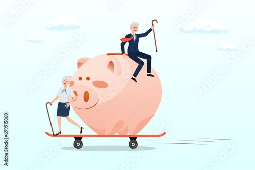 Happy elderly couple senior man riding huge piggy bank with his wife on fast growth skate board, retirement planning, success investment in 401K, Roth IRA or retirement pension fund (Vector)