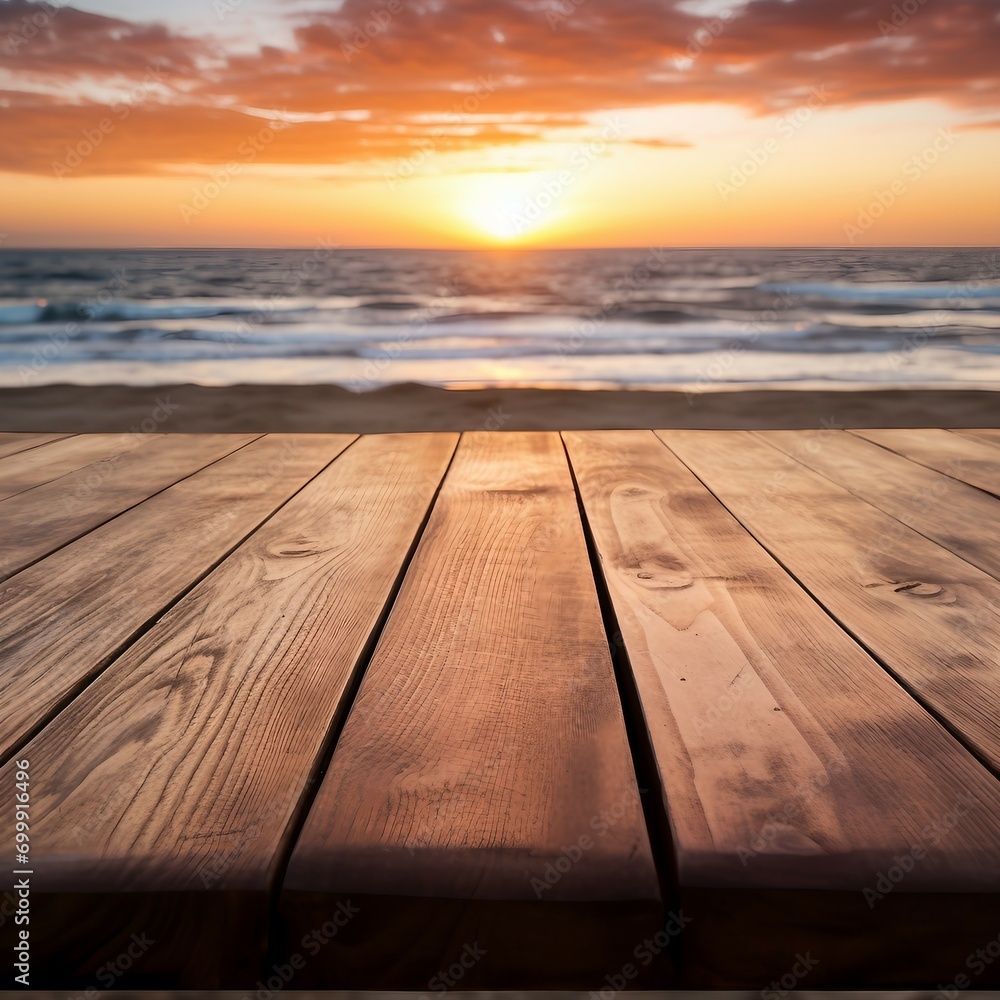 sunset on the beach with wooden table sunset on the beach with wooden table