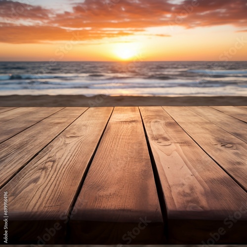 sunset on the beach with wooden table