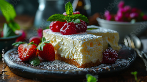 Fresh Berry Cheesecake, Vanilla Cheesecake with Strawberry Raspberry Garnish, Gourmet Cheesecake with Fruit, Rich Creamy Cheesecake,Generative AI	