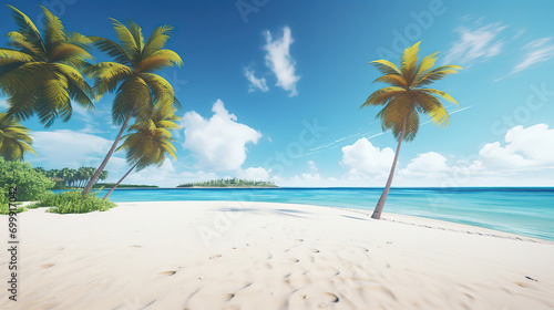 Beautiful tropical beach with coconut palm tree at sunset