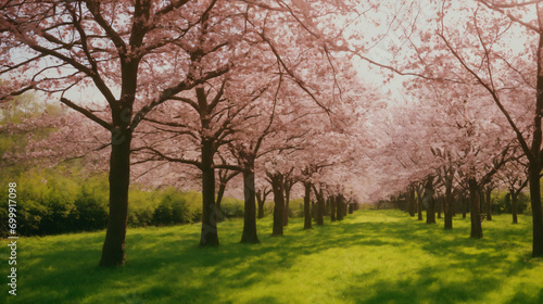 Cherry Blossoms in Full Bloom Along a Serene Pathway