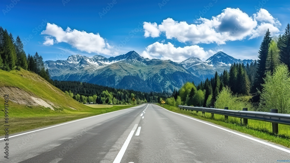 Fototapeta premium Asphalt road in Austria, Alps in a summer day
