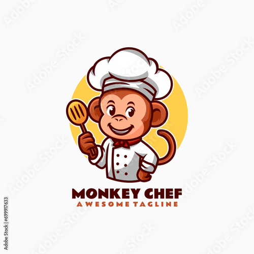 Vector Logo Illustration Monkey Chef Mascot Cartoon Style.