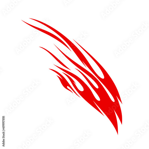 A single, stylized flame with a long, sinuous body and a wispy tip. The flame is colored in red, on a white background