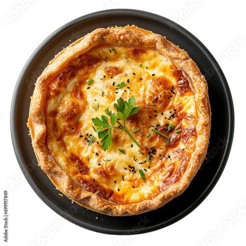 Quiche Lorraine , top view, black plate, transparent background, isolated image, generative AI